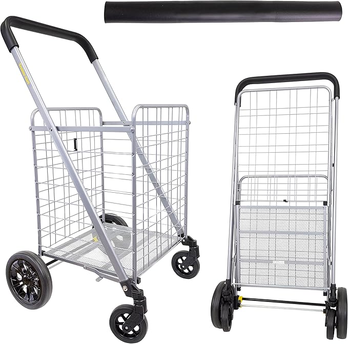 dbest Products Cruiser Cart Deluxe 2 Germ Guard Bundle Shopping Handle Grocery Rolling Folding Laundry Basket on Wheels Foldable Utility Trolley Compact Lightweight Collapsible