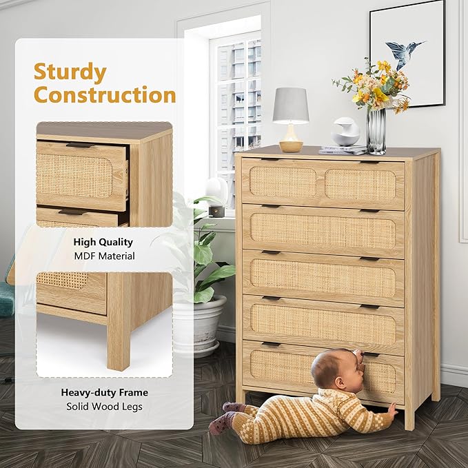 5 Drawer Dresser with Rattan Finish, Modern Farmhouse Chest of Drawers with Metal Handles, Accent Wood Storage Cabinet for Bedroom, Living Room (Natural)