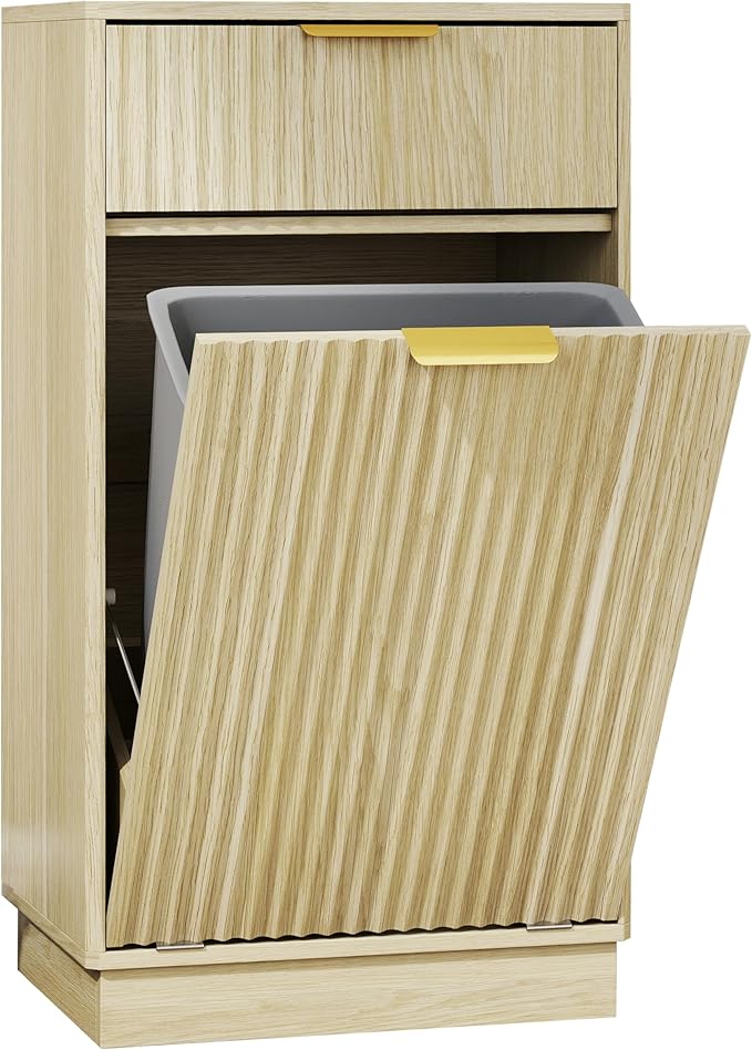 Tilt-Out Trash Cabinet with 10-Gallon Capacity, Walnut Laundry Hamper Cabinet, 34.3 x 19 x 13.8 inches, Wave-Textured Front.