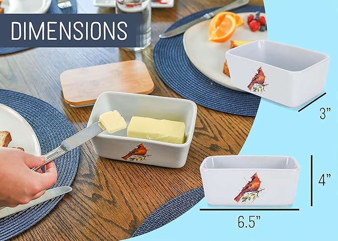 Nat & Jules Dean Crouser Ceramic Stoneware 1/2 Pound, 2 Sticks Butter Dish Airtight Bamboo Lid, Kitchen Accessory, Container Holder, Refrigerator Storage, Countertop Organization, Watercolor Cardinal