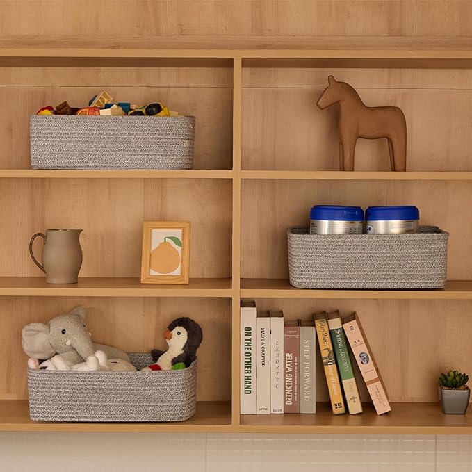 Large Shallow Organizing Baskets 15x11x5.1 Inches - Rope Woven Storage Bins for Bathroom, Shelves, Cube Closet, Mixed Grey 4 Packs