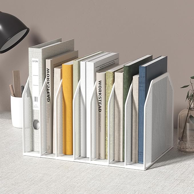Metal 7 Section File Folder Organizer for Desk | Vertical Office File Holder | Heavy-Duty Mesh Document Sorter for Books, Binders, Laptops | Desk Organizer,7 Sections White