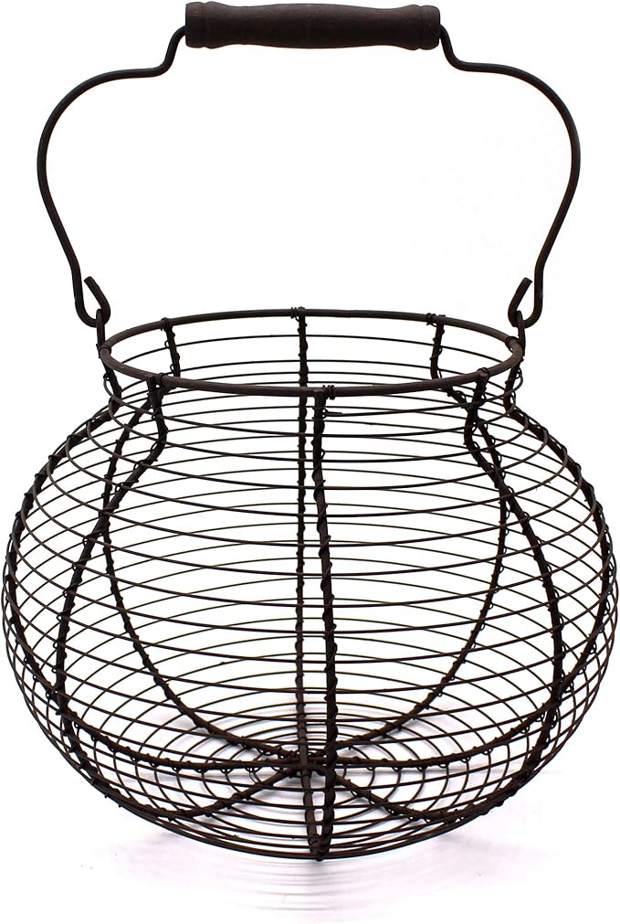 CVHOMEDECO. Antique Wire Egg Basket with Wood Handle Primitives Vintage Gathering Basket. Rusty