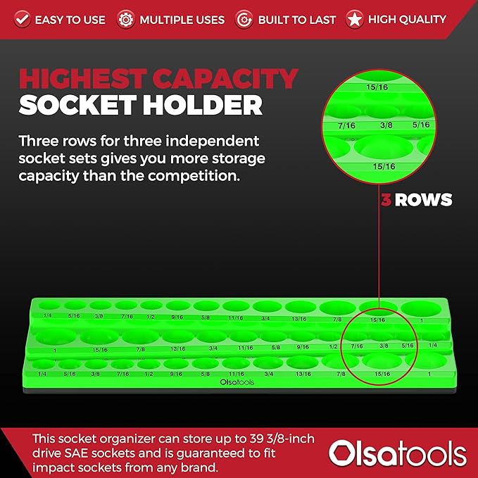 Olsa Tools Magnetic Socket Organizer (3/8-Inch Drive, 3 Row) - Magnetic Tool Organizer & Socket Holder - Tool Box Socket Organizers - SAE Green - Holds 39 Sockets - Professional Grade - Part: 1550