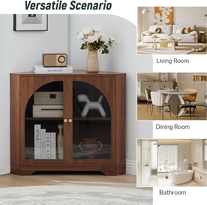 Mid-Century Floor Coner Storage Cabinet, 23" Short Small Wood Coner Cabinet with Adjustable Shelve & Acrylic Arched Mullion Doors for Bathroom, Living Room, Kitchen, Coofee Bar (Walnut)