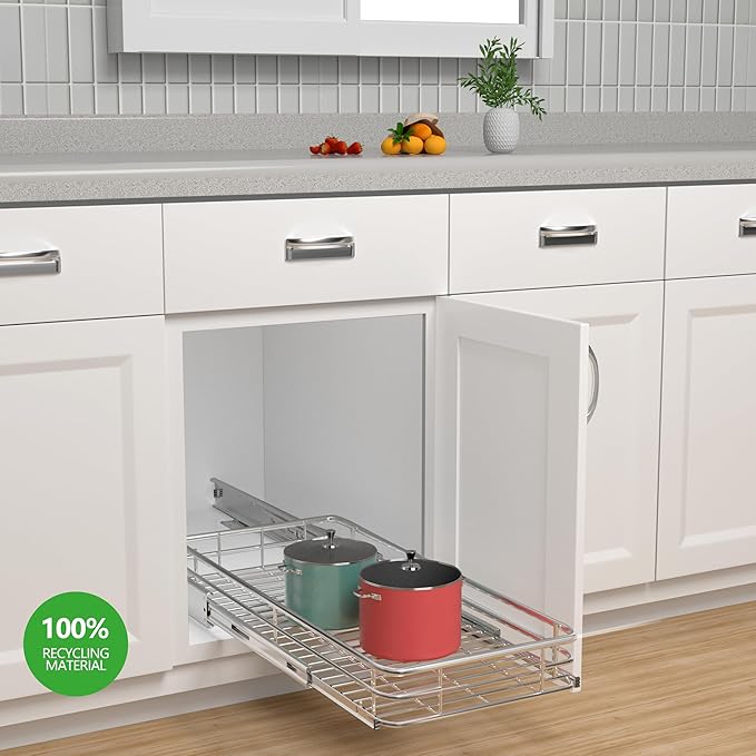 Sliding Cabinet Organizer Pull Out Shelves (11" W x 21" D), Heavy-Duty Slide Out Shelf, Steel Metal Cabinet Roll Out Shelves for Kitchen Bathroom, Chrome