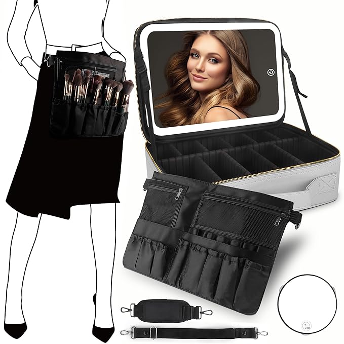 MOMIRA Large Makeup Train Case with Lighted and Mirror 14inch Partitionable Cosmetic Bag Travel Makeup Case Professional Cosmetic Artist Organizer, Waterproof Portable, with Shoulder Stra Silver