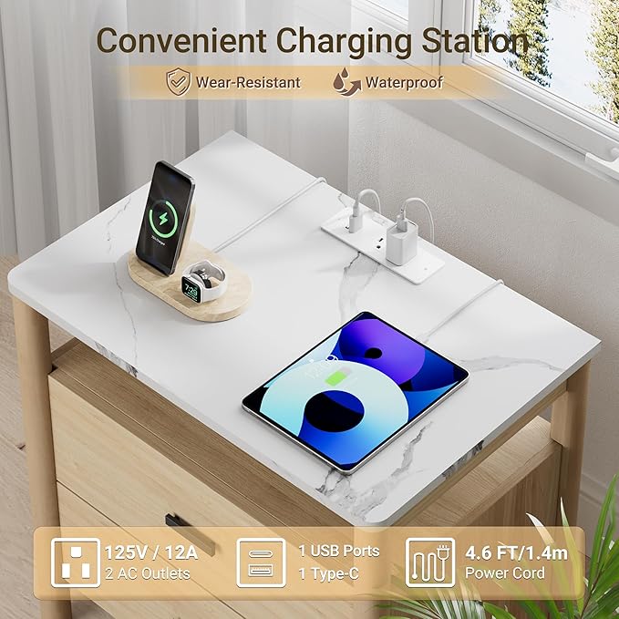 Night Stand with Charging Station, 24" Large Modern Nightstand with Faux Marble Top, 2 Drawers End Table with Solid Round Post Legs & Open Shelf, for Bedroom, Natural Oak