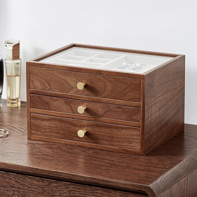 Black Walnut Wooden Jewelry Box Women large 3 Layer Drawer Organizer Box with Glass Lid for Necklaces, Watch, Necklace, Ring, Earring Storage - Christmas Gifts