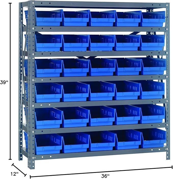 Quantum Storage Systems 1239-102BL Steel Shelving Unit with 4" Shelf Bins, 12" D x 36" W x 39" H, Blue