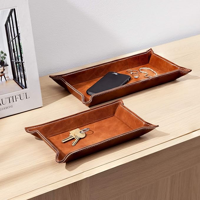 Navaris Faux Leather Valet Tray Set of 2 - Catch All Tray for Key Entryway Table Nightstand - Catchall for Keys Watch Remote Phone - Valet Storage for Men - Mens Storage Dish