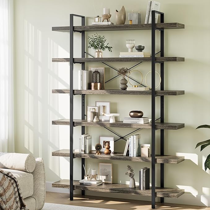 Bookshelf Set, Heavy Duty 6-Tier Industrial Bookcase, 47" Wide Wood Bookshelf for Home Office, 120lbs Shelf Capacity, Rustic Open Display with Horizontal Shelf for Living Room Bedroom, Grey