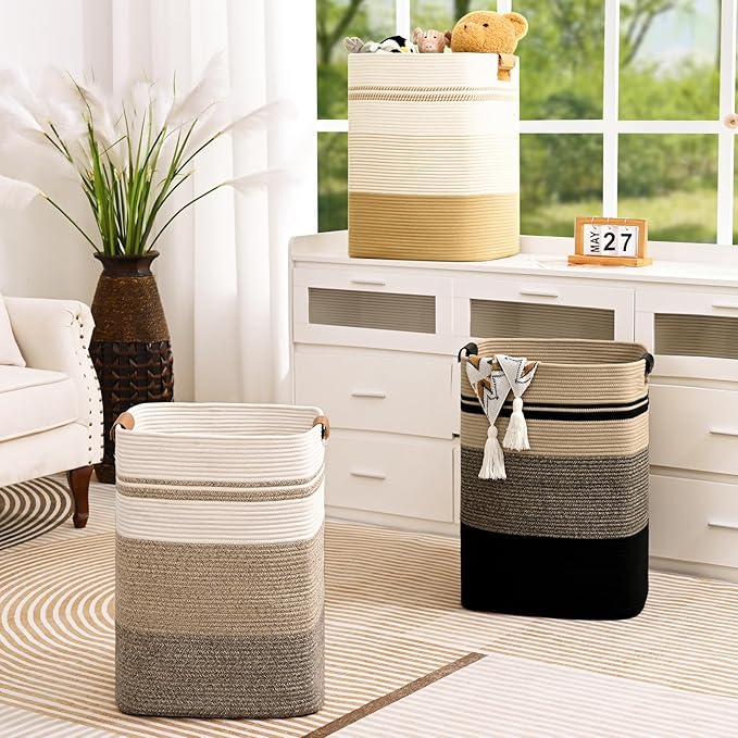 Laundry Hamper, 85L Tall Laundry Basket with Leather Handles, Rectangle Large Clothes Hamper for Organizing, Cotton Woven Laundry Baskets Storage Hampers for Bedroom, Nursery, Living Room