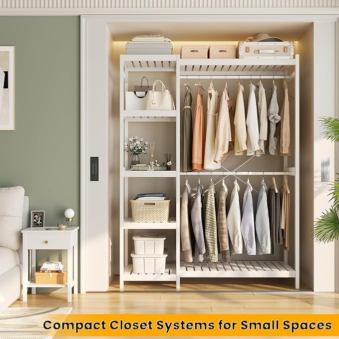 Homykic Bamboo Clothes Rack Garment Rack for Hanging Clothes, Heavy Duty Clothing Rack with 7 Tiers Adjustable Shelves, Double Rods, 4 Hooks, Freestanding Closet System Organizer Wardrobe, White
