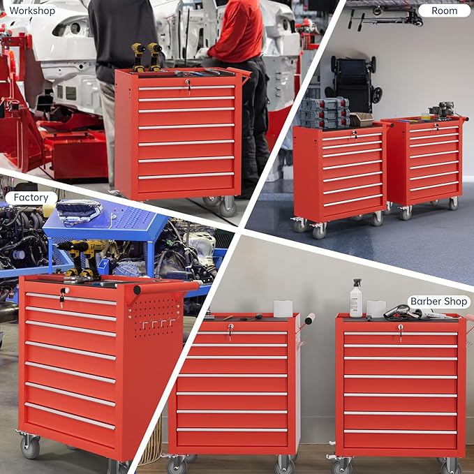7-Drawer Tool Chest,Rolling Tool Cart with Wheels,High Capacity Tool Cabinet with Locking System for Garage, Warehouse, Workshop-Red