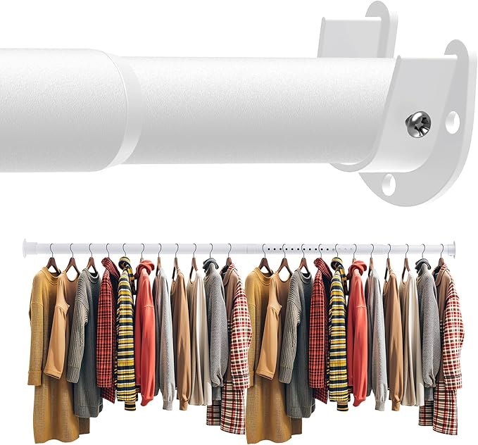 Closet Rod 50-75 Inches, Adjustable Heavy Duty Metal White Closet Rods for Hanging Clothes 1.3 Inches Diameter for Wardrobes Laundry