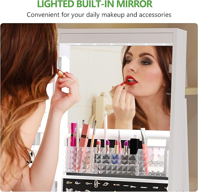 HNEBC 360° Swivel Mirrored Jewelry Armoire with 6 LEDS, Full Length Mirror with Jewelry Storage, Lockable Floor Standing Mirror with 4 Lockable Wheels for Cloakroom, Bedroom(White)