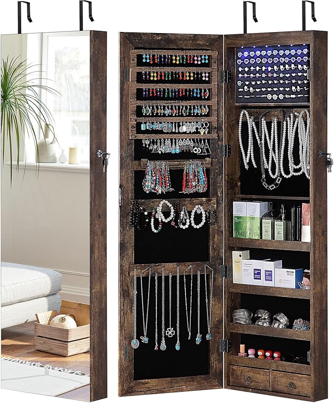 GISSAR Full Length Mirror Jewelry Cabinet, 6 LEDs Jewelry Armoire Wall Mounted Over The Door Hanging, Jewelry Organizer Storage with Lights Lockable, Vintage Brown, 14.6" x 47.2"