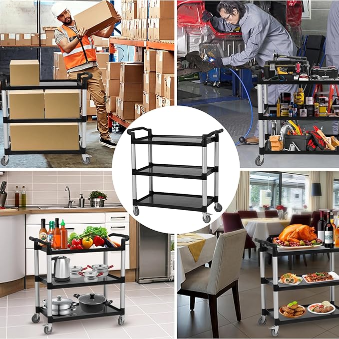3-Tier Heavy Duty Utility Cart with Wheels, 43" Lx 21" W x 38" H, Durable Rolling Cart for Restaurant, Office, Kitchen, and Warehouse Use, Lockable 360° Swivel Casters Service Cart, Black