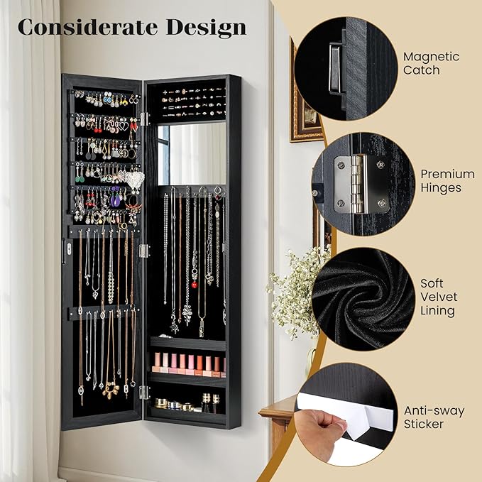 Giantex Wall Mounted Jewelry Cabinet with Full Length Mirror, Over The Door Jewelry Armoire Organizer with Large Storage, Makeup Mirror & Velvet Lining (Black)