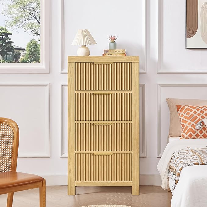 Modern 4-Drawer Solid Wood Dresser with Fluted Front & Gold Handles, Multifunctional Tall Storage Chest, for Hallway, Entryway, Natural