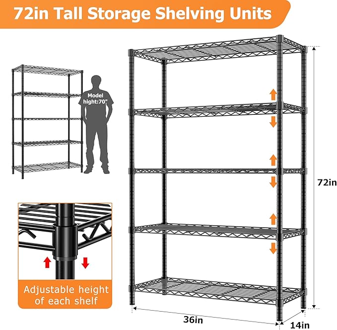 Storage Shelves Heavy Duty, 2 PCS 36" L x 14" W x 72" H Garage Wire Shelving Unit Loads 1750LBS, 5-Tier Adjustable Metal Industrial Utility Shelf Rack for Kitchen, Laundry Room, Warehouse, Basement