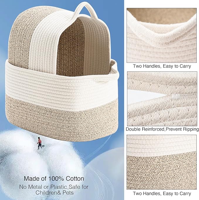 DUHEL Cotton Rope Woven Storage Basket, Used for Baby Hamper Toy Organizer, Gift Baskets Empty,Kids Laundry Basket,Baby Blanket Basket. Size 15x10x8.7 Inches. (White&Brown-3PCS)