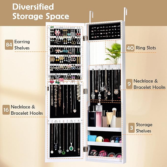HAPPYGRILL Wall Mounted Jewelry Cabinet with Full Length Mirror, Over The Door Jewelry Organizer w/Built-in Makeup Mirror, Storage Shelves, Door Mounted Jewelry Armoire for Women, Girls(White)