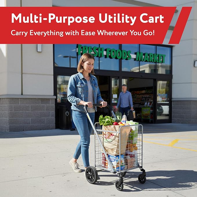 dbest Products Cruiser Cart Deluxe 2 - Foldable Shopping Cart with Wheels for Groceries - Heavy Duty Utility Cart with Brake System - Collapsible Laundry Cart - USA Designed - Holds 100 lbs - Silver