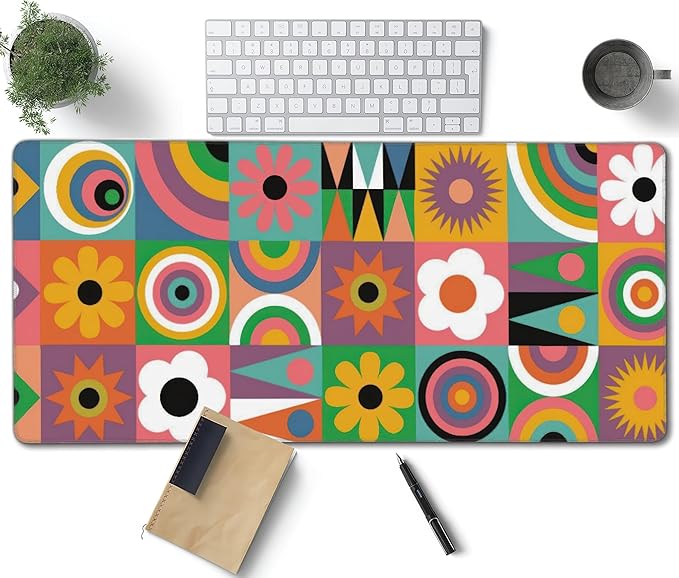 Cute Colorful Flowers Large Mouse Pad, Vintage Aesthetic Gaming Desk Mat, XXL Keyboard Desk Pad Mat for Desktop, 35.4"x15.7" Non-Slip Base Big Mousepad with Stitched Edges