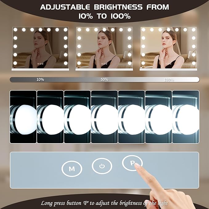 Vanity Mirror with Lights Lighted Makeup Mirror with 15 Dimmable LED Bulbs,3 Color Lighting Modes,USB Charging Port Touch Control,Sturdy Metal Frame Design 24x18 Inch,White