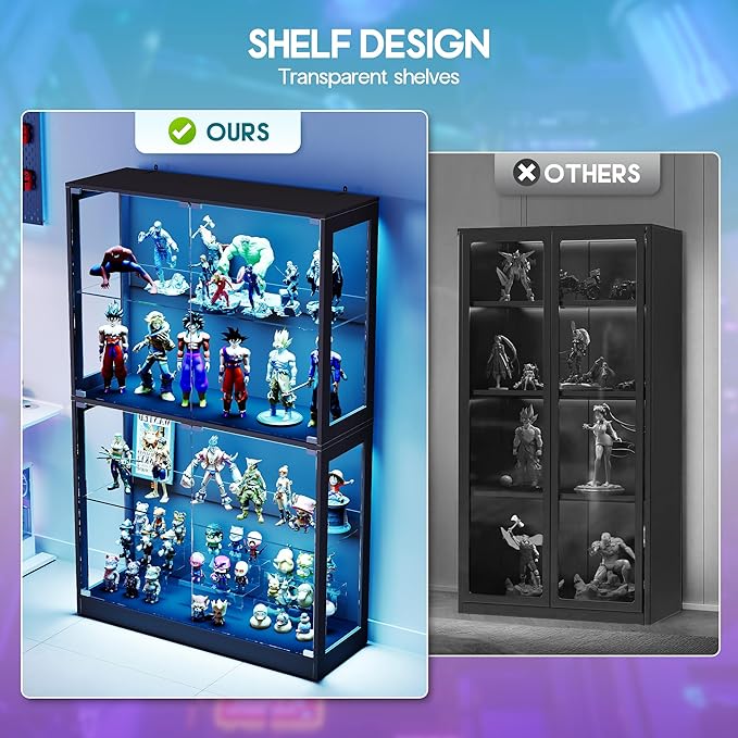 AMERLIFE RGB Display Cabinet with Adjustable Glass Shelves, 4-Tier Storage Case with LED Lights & Press-to-Open Doors, Modern Display Shelf for Collectibles, Black 70" H×32" L×16" D