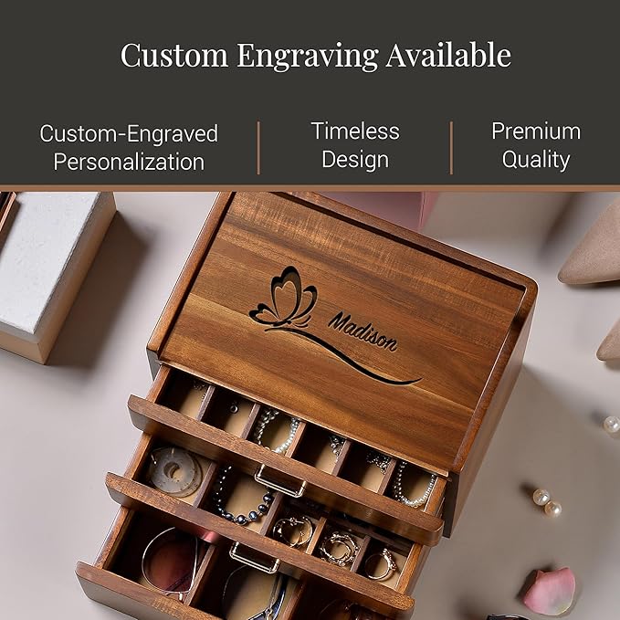 Shanik Personalized Wooden Jewelry Box for Women – Large Three-Drawer Organizer with Compartments for Rings, Necklaces & Earrings
