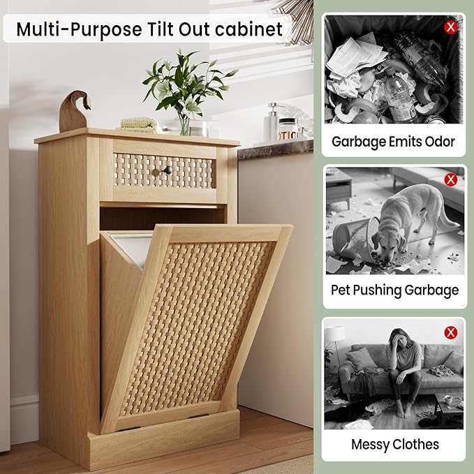 Tilt Out Laundry Hamper Cabinet,10 Gallon Laundry Cabinet with Drawers ＆ Hidden Baskets, Farmhouse Storage Basket for Laundry Room, Bathroom, Kitchen, Wood