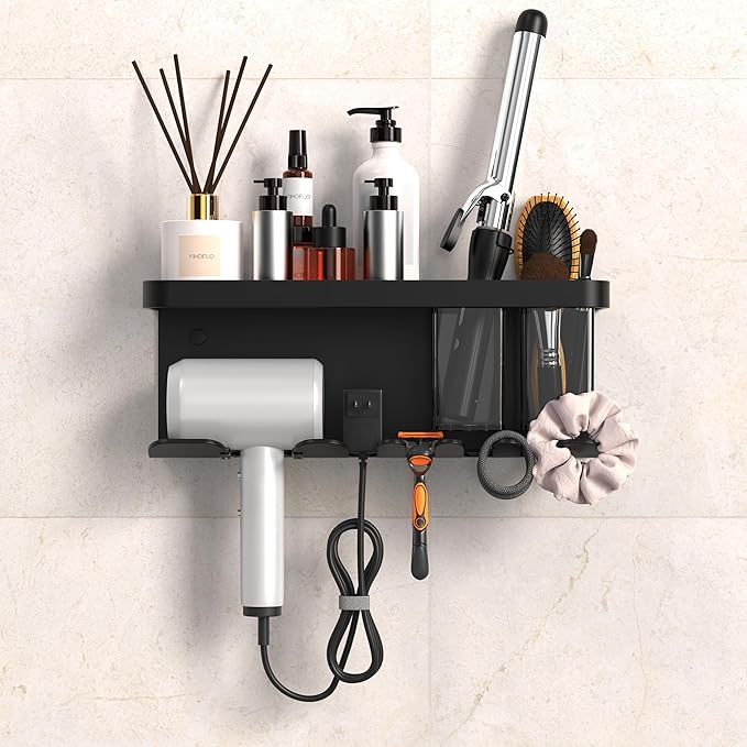 Hair Dryer Holder Wall Mounted Adhesive/Drilling, Hair Dryer Storage Organizer with Shelf & Hooks for Bathroom, Blow Dryer Holder, Hair Tool Organizer (Black)