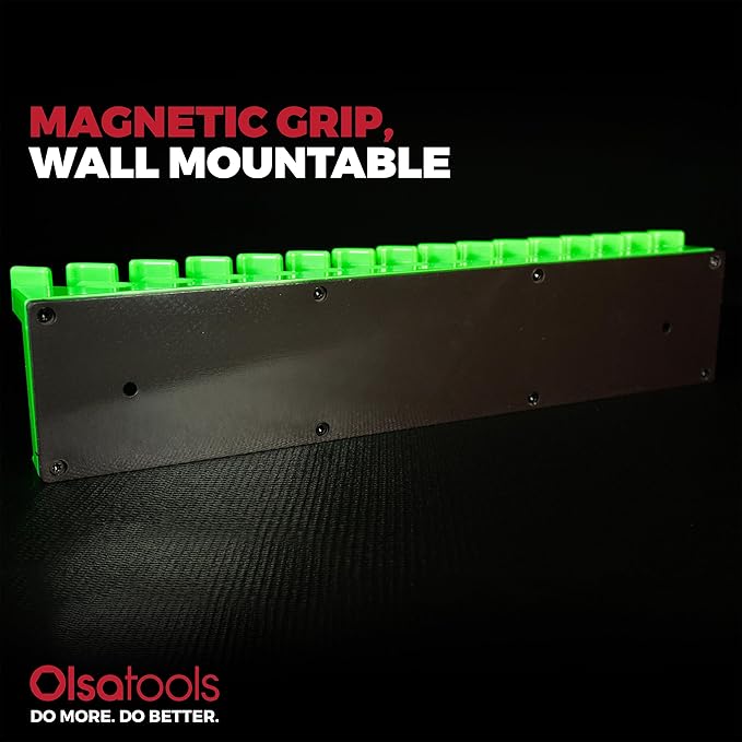 Olsa Tools Magnetic Wrench Organizer, Green - 15 Slot Wrench Holder Rack - SAE and Metric Wrench Storage Rail for Toolbox or Wall - Scratch Free Rubberized Magnetic Base - Part: 1875