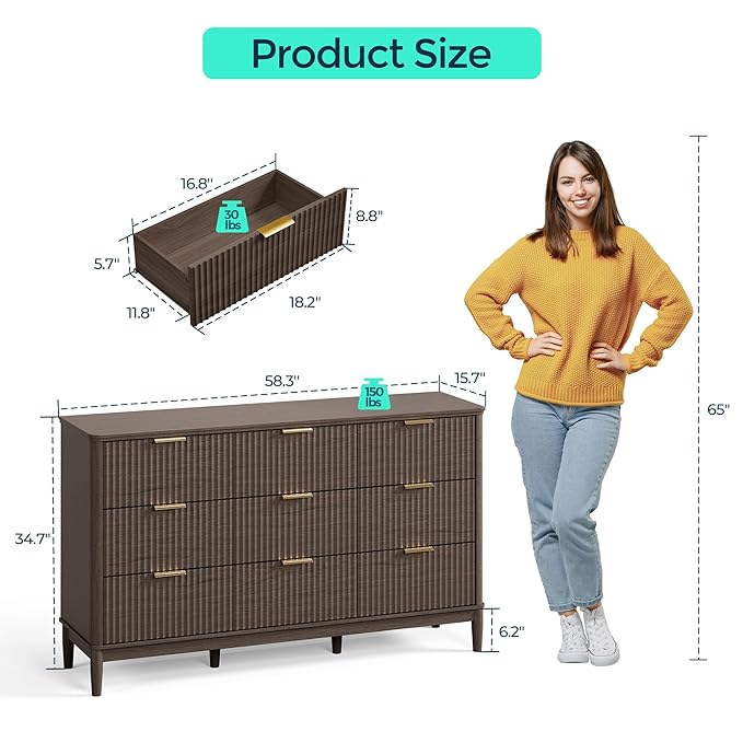 LINSY Fluted Dresser for Bedroom with 9 Drawers, Mid Century Modern Chest of Drawers with Gold Metal Handles, Wide Boho Wood Dressers, Large Farmhouse Storage Cabinet for Bedroom, Living Room, Walnut