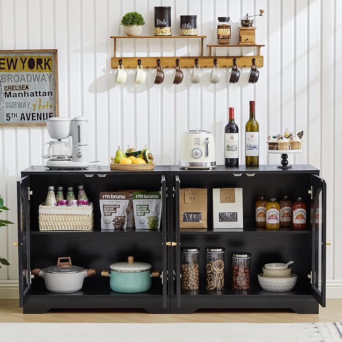Mid-Century Modern Storage Cabinet with Door, 27" Short Floor Wood Sideboard Buffet Cabinet with Display Arched Acrylic Door & Adjustable Shelve for Bathroom, Living Room, Coofee Bar (Black)
