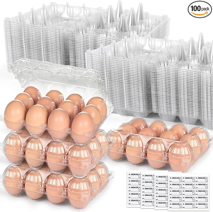 LOVEINUSA 100 PCS 12 Count Plastic Egg Cartons, with 105PCS Date Labels, Bulk Cheap Clear Reusable Egg Holder for Fresh Medium Eggs Storage, Suitable for Farms, Families, Markets Display
