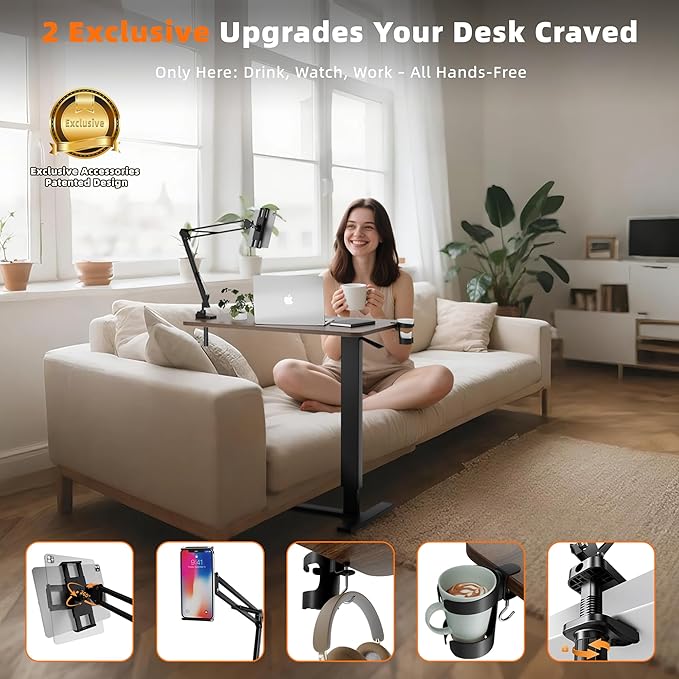 Overbed Bedside Table with Wheels, Adjustable Hospital Bedside Desk, Rolling Laptop Table, Mobile Standing Desk, Laptop with Cup Holder & Phone/Tablet