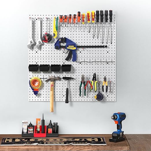 Pegboard Smith 16x16 inch Wall Organizer Pegboard Panels, Gray Metal Pegboard for Tool Storage, Workbench Tools Organization Peg Board (2 PCS, Grey)