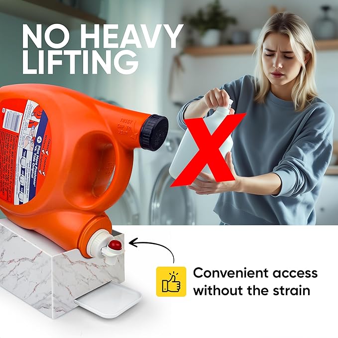 Skywin TidyFriend No-Spill Liquid Laundry Detergent Dispenser Holder, Laundry Soap Dispenser Holder with Drip Tray for Laundry Room Organization (White Marble)