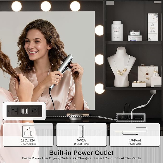 ONME 47.2" Fluted Vanity Desk with Mirror and Lights, Big Vanity with 5 Large Drawers and Adjustable Shelves, Makeup Vanity Table with Glass Top and Charging Station for Women and Girls Bedroom