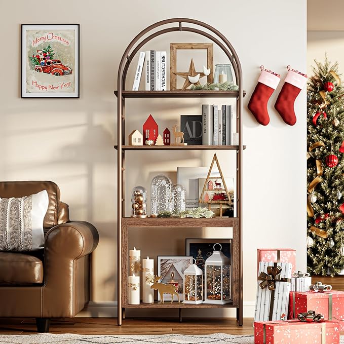 BREEZEHEAT 4-Tier Arched Bookshelf, 72" Tall Bookcase with Storage Shelves, Floor Standing Open Display Storage Shelf with Metal Frame, Large Organizer for Living Room, Home Office, Bedroom, Walnut