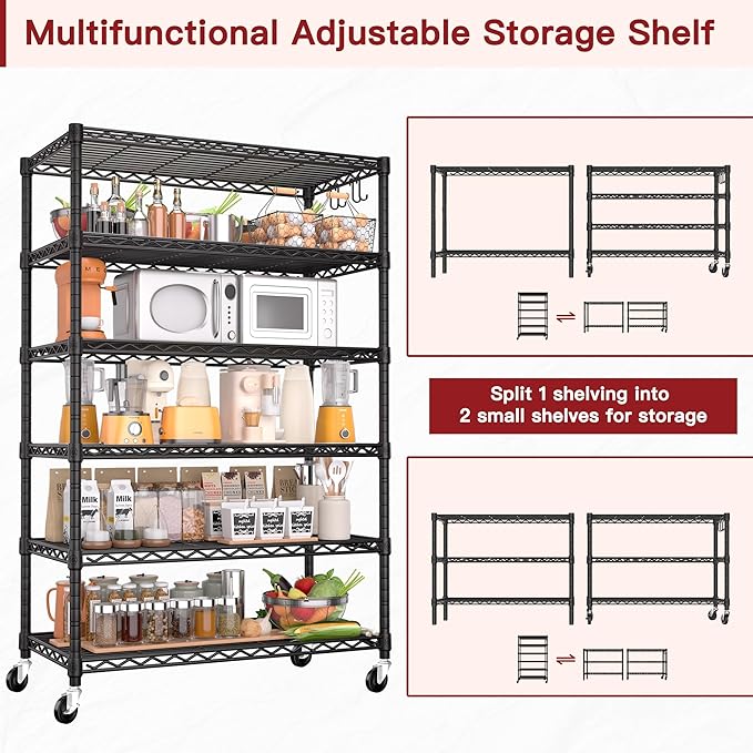 PrimeZone 6 Tier Wire Shelving with Wheels 79''H 1500lbs Storage Shelves NSF Certified Heavy Duty Steel Metal Shelf Adjustable Rolling Rack Kitchen Garage Closet Pantry Laundry 79''HX36''WX16''D 4Pcs