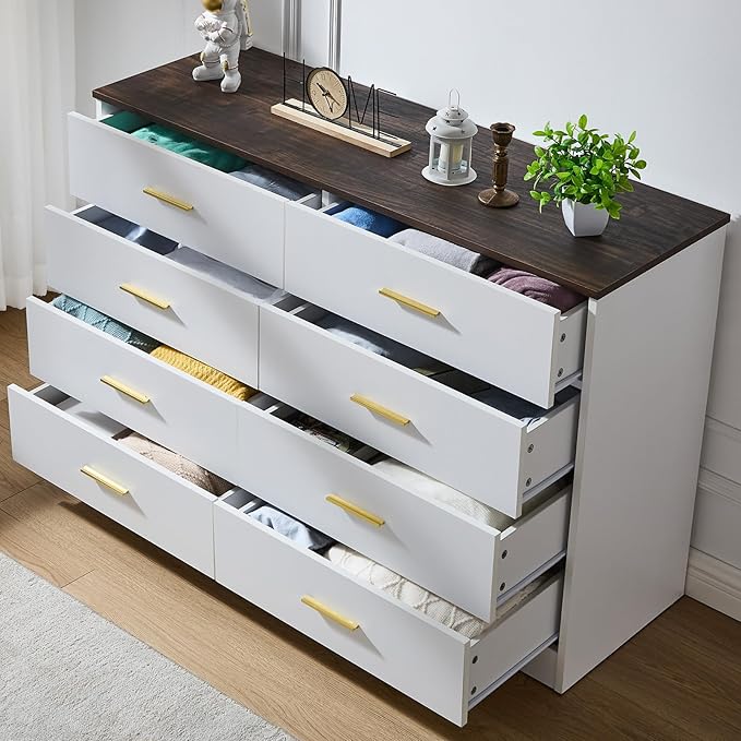 LIDYUK Dresser for Bedroom, Wood Dresser with 8 Drawers, Modern Minimalist Dressers & Chests of Drawers, 48 Inches Wide Chest of Drawers for Bedroom, Hallway, Living Room, White