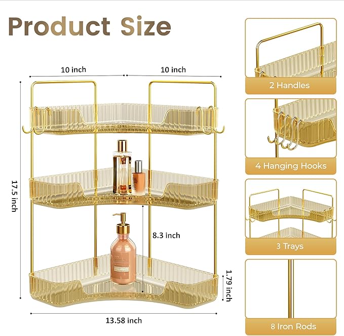 Golden 2-Tier Corner Bathroom Organizer, Countertop Storage Shelf with Hooks | Makeup & Skincare Organizer for Bathroom Sink and Vanity Counter
