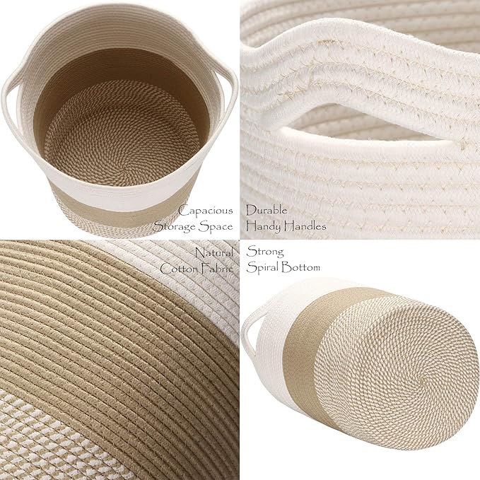 Sea Team Large Size Cotton Rope Woven Storage Basket with Handles, Laundry Hamper, Fabric Bucket, Drum, Clothes Toys Organizer for Kid's Room, 20 x 14 inches, Round Open Design, White & Mottled Khaki