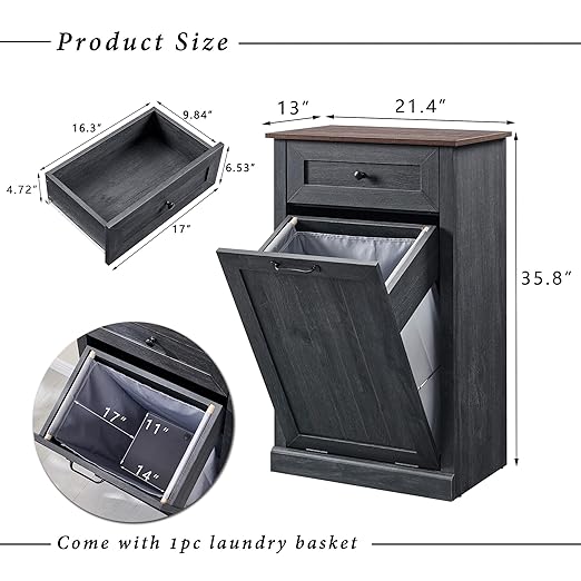 Tilt Out Trash Can Cabinet, 10 Gallon Farmhouse Laundry Hamper Cabinet with Drawer, Hidden Wooden Trash Garbage Can Bin with Storage Basket for Kitchen, Living Room (Dark Grey)