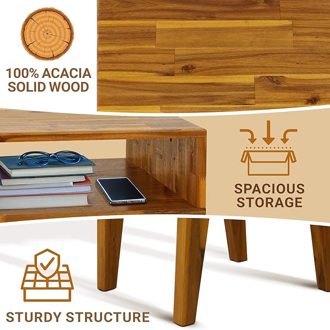 Acacia Serena Nightstand Solid Wood Nightstand with Open Storage Shelf, Wood Bedside Table, Night Stands for Bedroom - Caramel